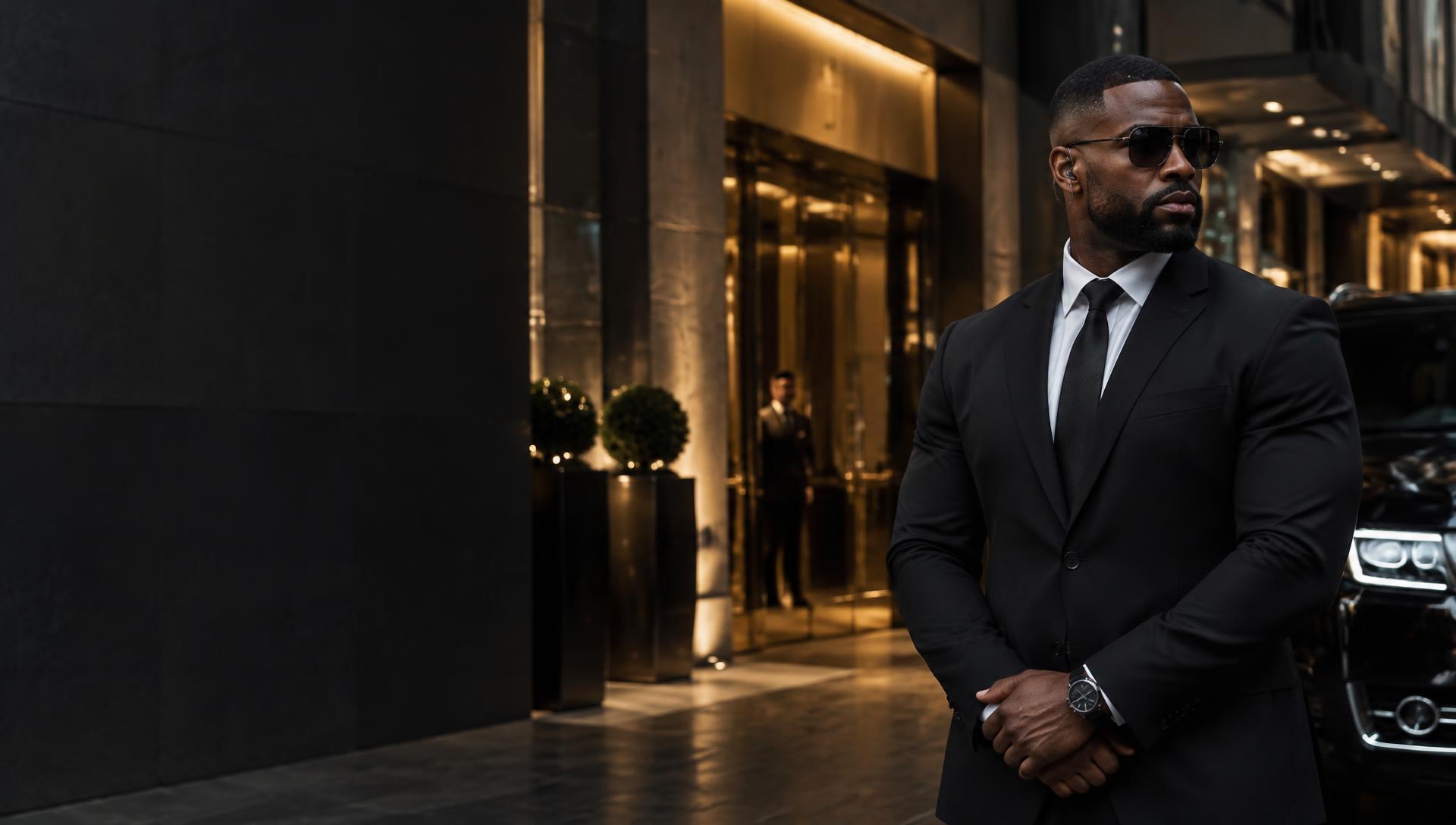A professional protection officer outside an elegant hotel
